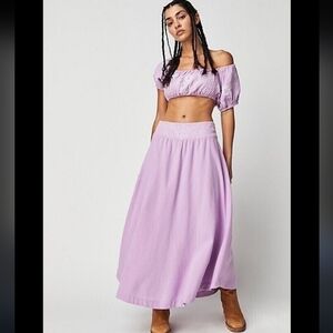Free People Embroidered Lotus Cotton Lined Full Flowy Pastel Lavender Boho Maxi